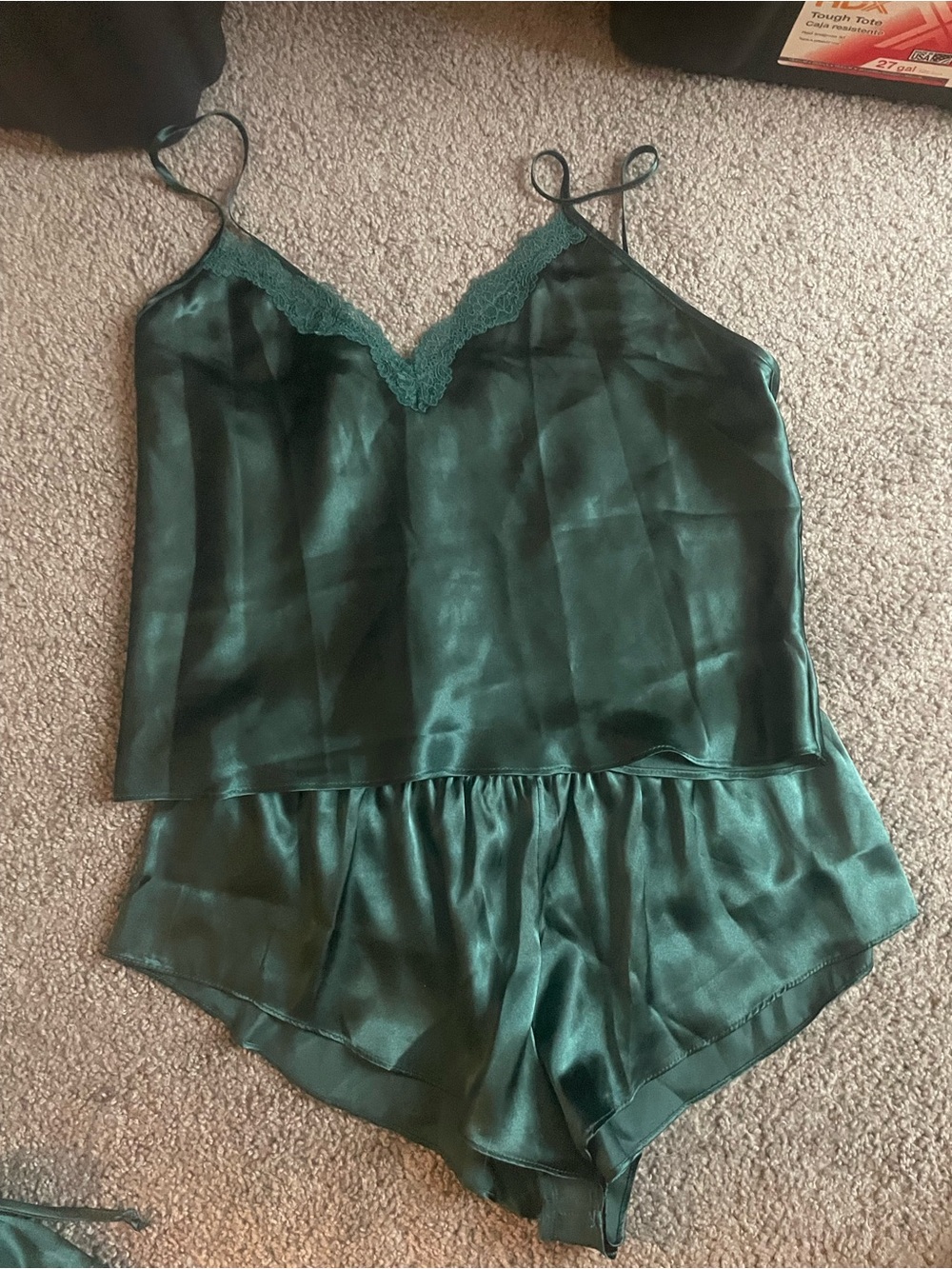 Linea Donatella Satin Lace Trim Cami & Short Sleep Set - Dark Green size L